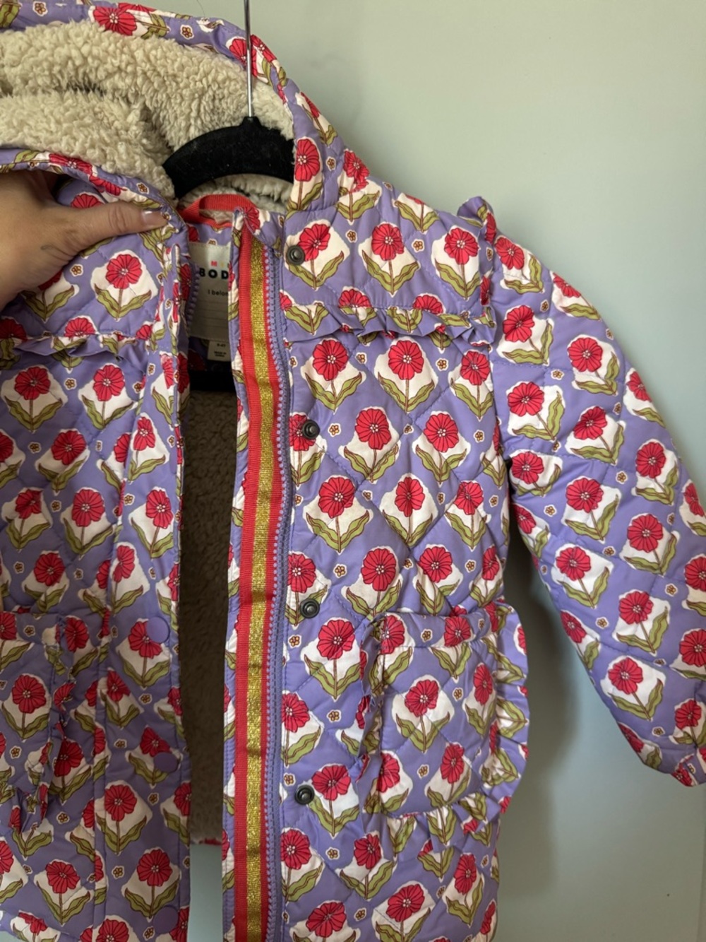 Mini Boden Floral Hooded Puffer Jacket - Lavender with Red Flowers